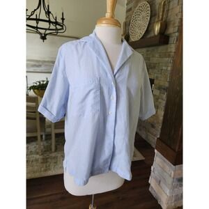Lady Captain Womens Seersucker Stripe Short Sleeve Button Down Shirt Blue Medium